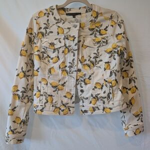 White House Black Market Cream Jean Jacket with Yellow Lemon Print